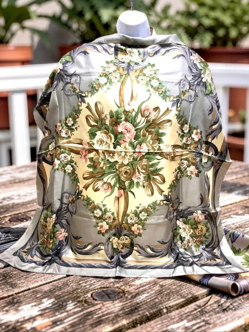 Beautiful Lancel Paris 100% Silk Satin Scarf 34" beige olive green floral (34 - Picture 1 of 9
